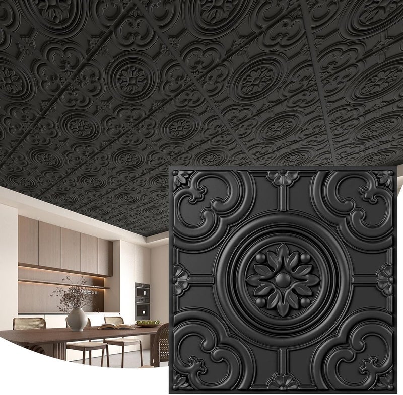 WOWSTAR 12-Pack 24"x24" Drop Ceiling Tiles, Waterproof Glue up Ceiling Panels, Black - Image 1